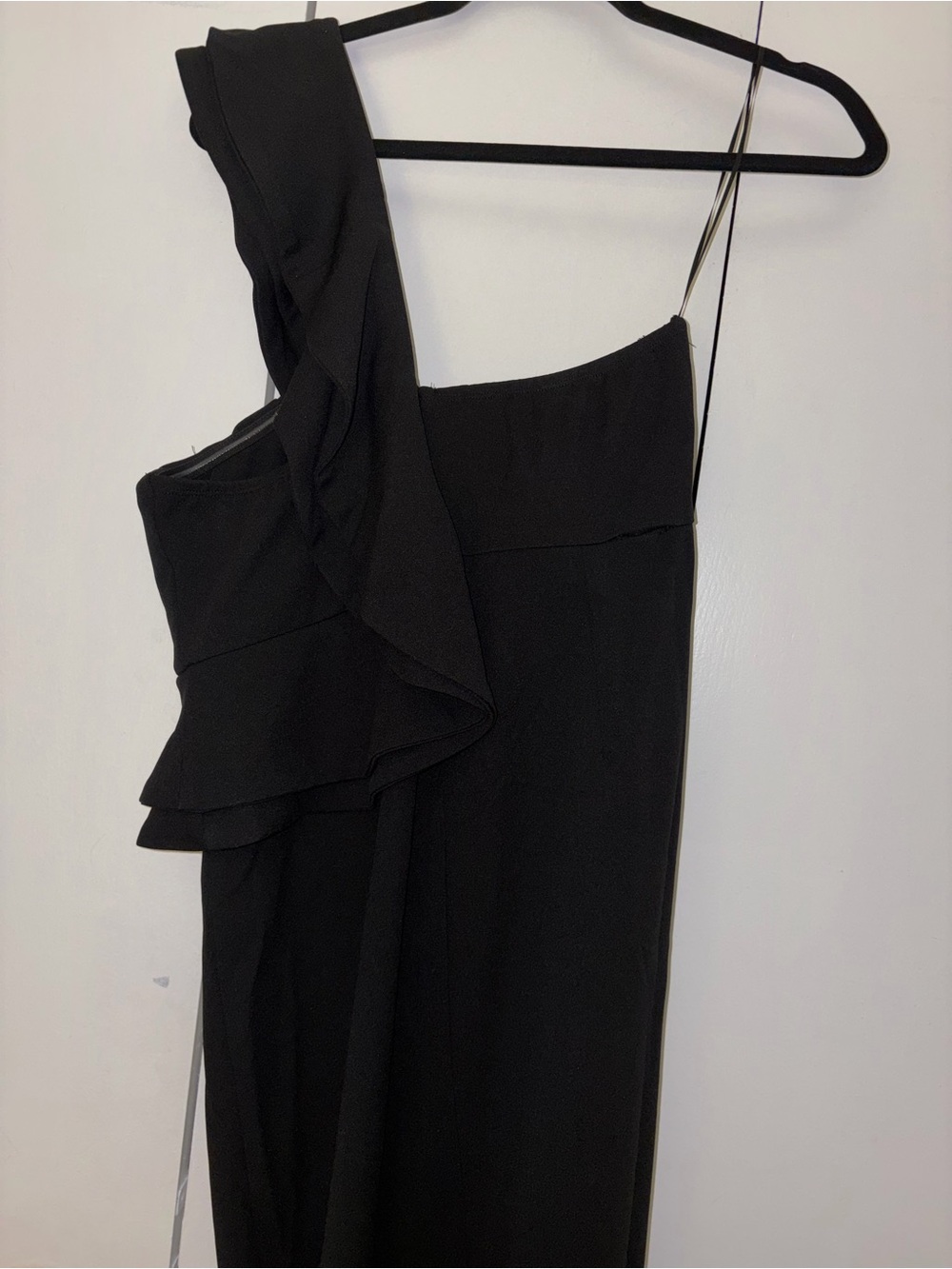 Hello Molly Black One-Shoulder Ruffle Midi Dress with Thin Strap